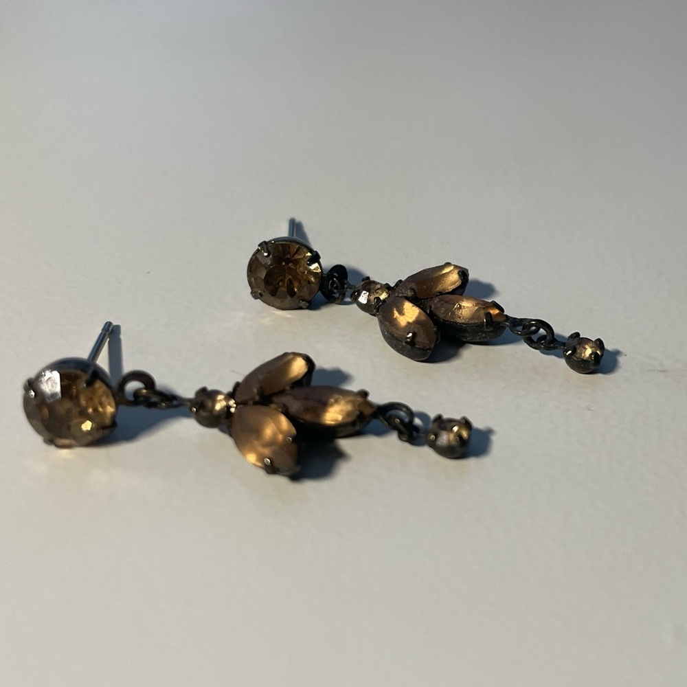 Elegant Amber Tone Bead and Crystal Drop Earrings